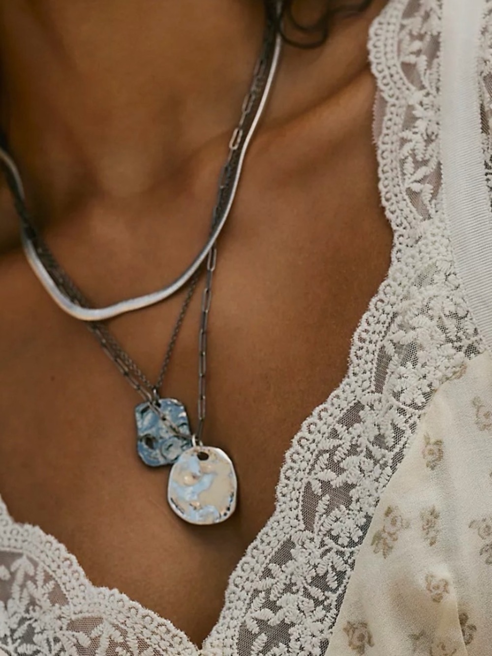 Free People Mixed Metal Layered Necklace with Pale Blue Enamel Charms